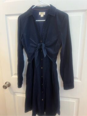 Anthropologie Navy Tie-Front Long Sleeve Shirt Dress s 8